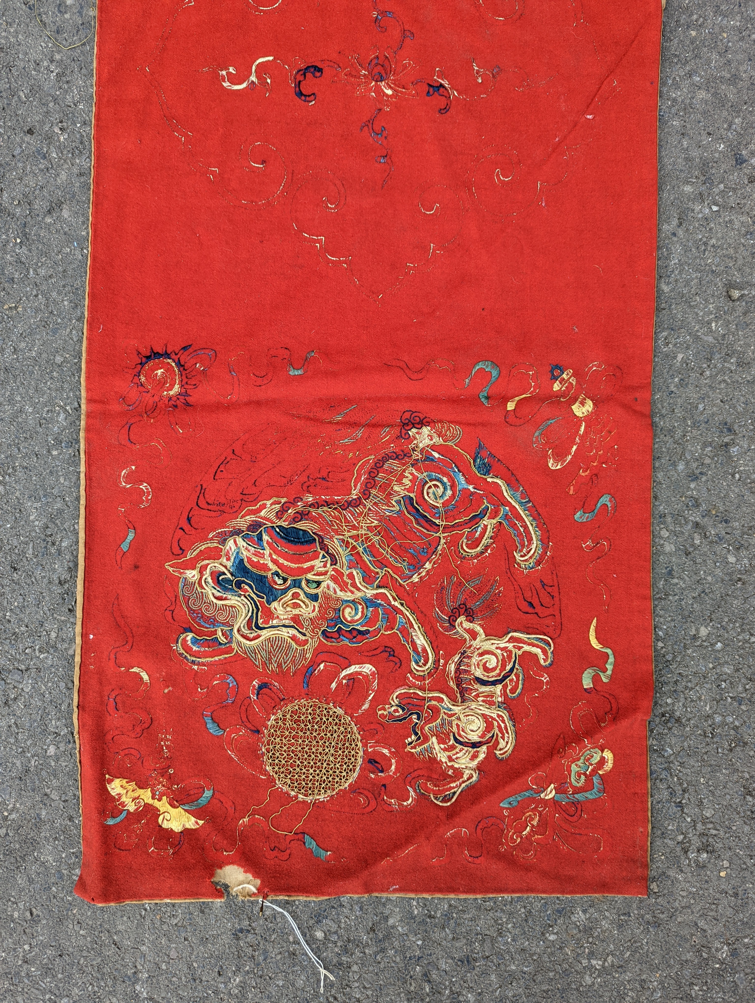 A pair of Chinese silk embroidered wall hangings, 46 x 152cm